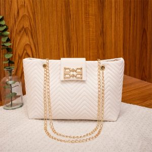 Elegant White PU Shoulder Bag with Detachable Chain Strap, Quilted Pattern, Magnetic Closure, Lightweight, Hand Washable, Polyester Lined - Versatile Daily Carry Cosmetic Bag