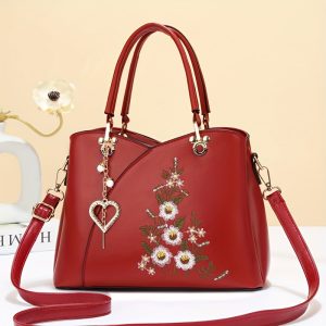 Fashion Heart Decor Crossbody Bag, Flower Embroidered Shoulder Bag, Women's Simple Casual Handbag & Purse