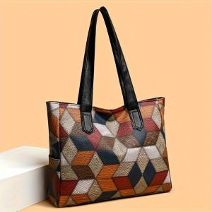 Chic Women's Large Capacity Tote Bag - Colorblock Plaid, Faux Leather with Zip Closure, Perfect for Daily Commute & Shopping