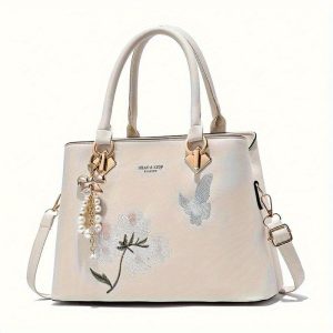 Elegant Embroidered Floral Women's Crossbody Bag - Fashionable Faux Leather Shoulder Purse with Zip Closure, Polyester Lined