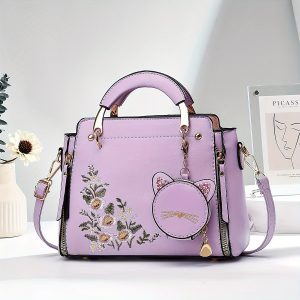 Glam Style Top-Handle Handbag for Women, Faux Leather Embroidered Floral Pattern, Elegant Occasion Bag with Zipper Closure, Polyester Lined, Edge Paint Detailed, Includes Wristlet Accessory – Diverse Colors