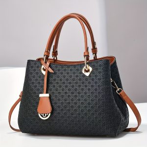 Elegant Women's Handbag - Chic Woven Pattern, Detachable Strap, Zip Closure, Black Faux Leather