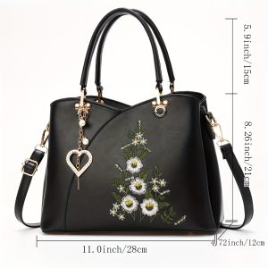 Fashion Heart Decor Crossbody Bag, Flower Embroidered Shoulder Bag, Women's Simple Casual Handbag & Purse