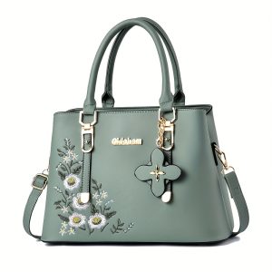 Luxurious Floral Embroidered Tote Handbag - Spacious PU Leather Shoulder Bag with Detachable Strap, Large Capacity, Stylish and Elegant Design for Women